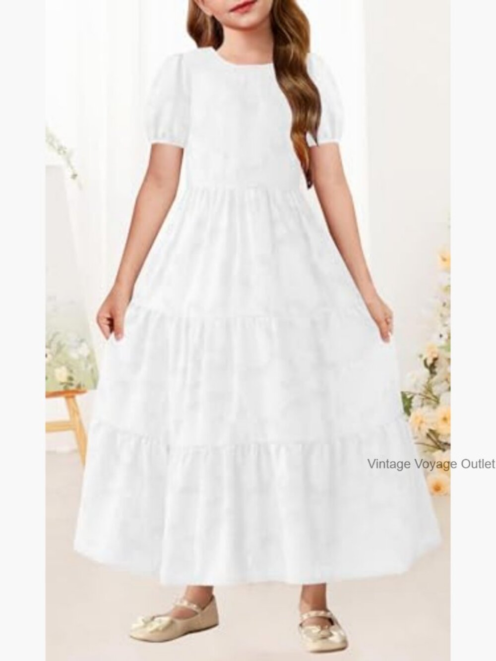 Girls Flowy A-Line Maxi Dress with Pockets Short Sleeve - Picture 2 of 7
